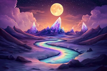 Fototapeta premium Retro-futuristic landscape with crystalline mesas and luminous rivers