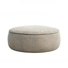 A minimalist round ottoman upholstered in neutral beige fabric sits isolated on a white background creating a sense of simple elegance and comfortable design for interiors.