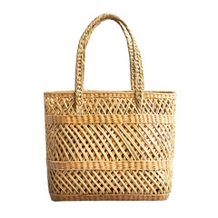 Elegant Straw Tote Bag with Intricate Woven Pattern Isolated on Transparent Background