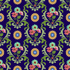 Obraz premium Ikat floral seamless pattern. Embroidery , print striped ornament floral. Texture textile background vector illustration ornate elegant luxury vintage retro style. Damask floral pattern.