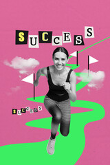 3d sketch image vertical collage of happy businesswoman businessman run career ladder finish flag aim achievement opportunity