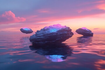 Retro-futuristic mesas floating over a glowing obsidian ocean