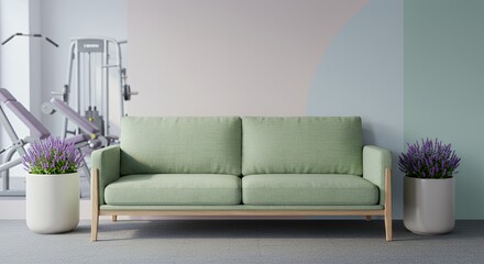 Obraz premium Minimalist Sage Sofa with Lavender Planters in Gym Relaxation Area Cool Pastels and Diffuse Lighting