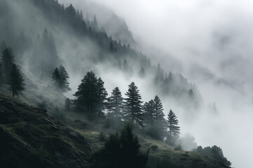 Abstract Foggy Mountain Landscape with Trees