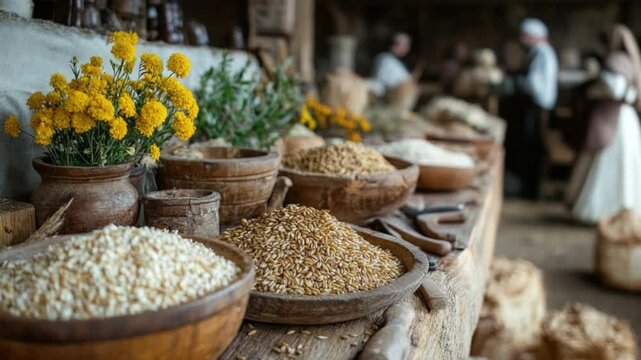 A Rustic Harvest: Captured in a meticulously detailed shot, a cornucopia of grains, flowers, and rustic wares offers a tantalizing glimpse into a bygone era.