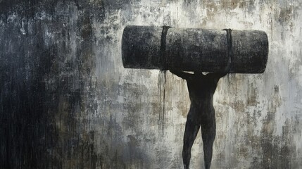 Figure lifting a heavy object in black and gray painting style