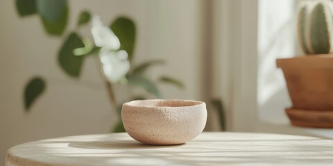 A handcrafted ceramic bowl placed on a sunlit table, with blurred plants in the background, creating a calm and natural atmosphere