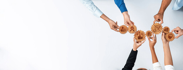 A dynamic scene showcasing diverse hands connecting wooden gears, illustrating the essence of...