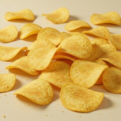 A close up view of crispy golden potato chips scattered on a beige surface