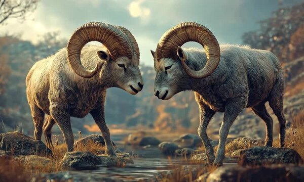 Rams grazing by the tranquil stream