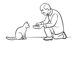 Old man feeding cat in the room with care and tenderness in a minimalist line drawing
