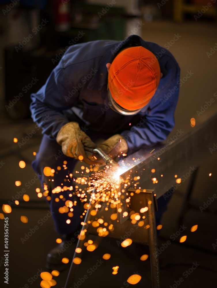Poster a man in an orange hard hat is welding metal on a workbench, creating sparks as he works.