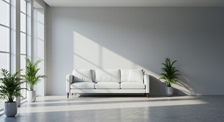 Fototapeta premium Minimalist Gym Relaxation Area with White Sofa and Potted Plants Bathed in Natural Light Showcasing Clean Lines Peaceful Tranquil Scene