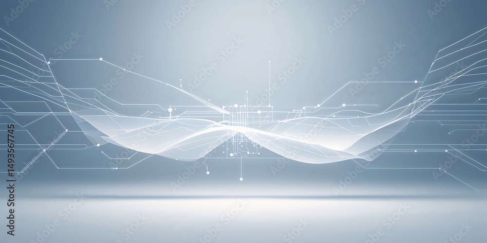Poster Abstract representation of digital connections and data flow in a futuristic setting illuminated by soft blue light