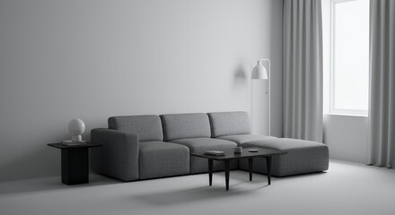 Minimalist Modular Sofa in Sleek Hotel Room with Tranquil Calm Grayscale Design featuring Modern Interior Decor Lamp and Window