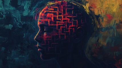 Abstract painting of human head with maze pattern inside the mind
