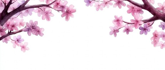 Naklejka premium Soft Watercolor Illustration of Cherry Tree Branches in a Gentle Frame