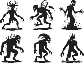 Six creepy monster silhouettes halloween spooky illustration