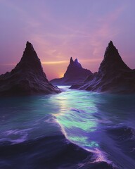 Fototapeta premium Surreal mesas suspended over a radiant amethyst and lime ocean