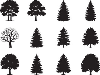 Fototapeta premium Twelve black silhouettes of various trees
