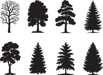 Fototapeta premium Eight black silhouettes of various trees