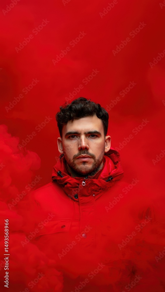 Poster a man in a red jacket stands behind a red smoke or fog background.