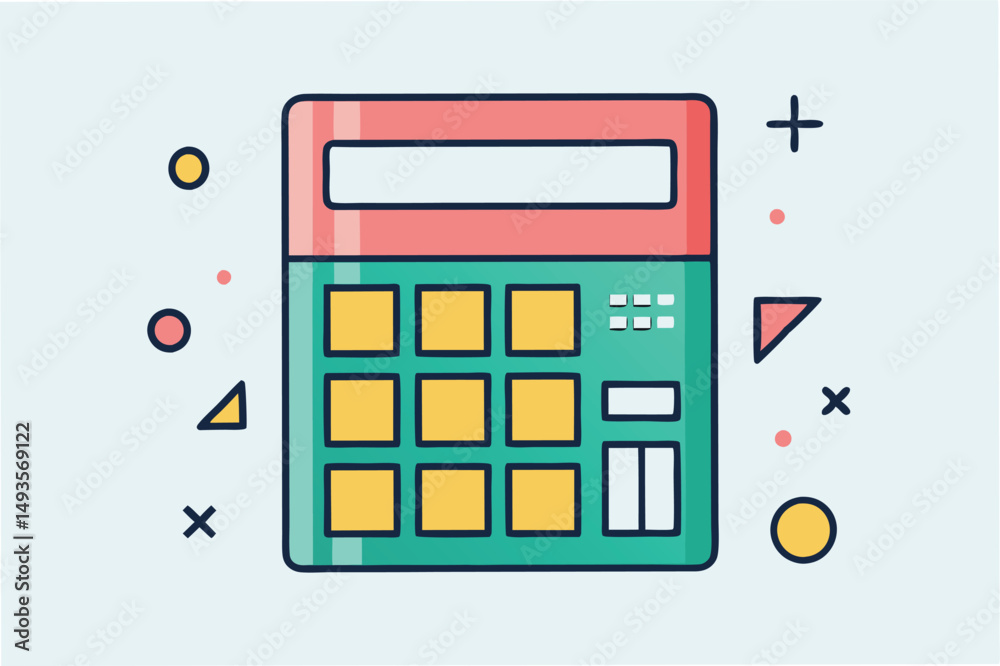 Poster colorful vector illustration of a calculator with geometric shapes in a modern design style against 
