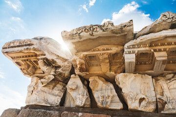 Carved entablature and frieze details from the Temple of Trajan in Pergamon Turkey