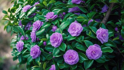 Obraz premium Camellia japonica, a famous Camellia flower variety, is cherished for its remarkable, large, and elaborate blooms.