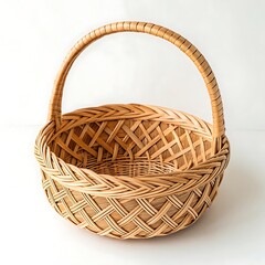 Empty Light Brown Woven Basket with Handle Against White Background