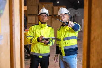 Engineers inspecting machinery and workers organizing inventory on shelves inside a busy warehouse, demonstrating teamwork, productivity, and industrial efficiency in a modern logistics facility.