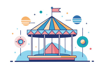 Colorful vector illustration of a whimsical carousel with a striped canopy, set against a dreamy background of celestial planets and soft clouds