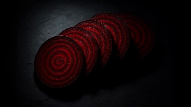 Close-up of Beetroot Slices with Dramatic Lighting on Dark Surface