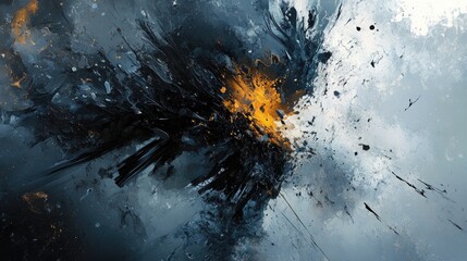 Abstract painting with dynamic brushstrokes and a burst of golden color