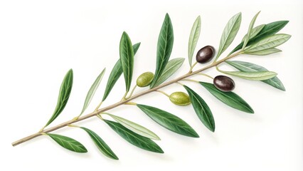 Olive Branch with Green and Black Olives, Watercolor Painting , Botany