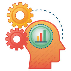 Illustration of a human head with gears and a chart symbolizing analytics, thinking, and cognitive processing.