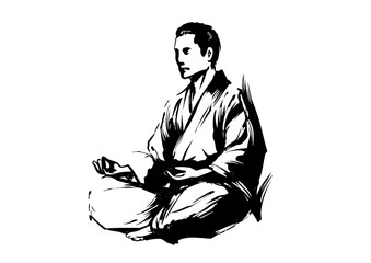Zen Meditation in Ink Brush Style – Traditional Japanese Sumi-e Art	