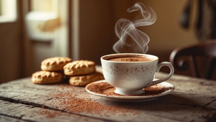 Table in the room displaying a cup of coffee and biscuits