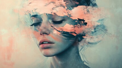 Artistic portrait of a woman with abstract paint strokes and soft colors