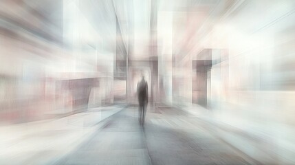 Abstract person walking in a blurred building interior