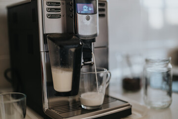 A high-end coffee machine dispensing a beverage into a glass, showcasing kitchen equipment and home design. Perfect for illustrating modern kitchen appliances and the coffee-making experience.