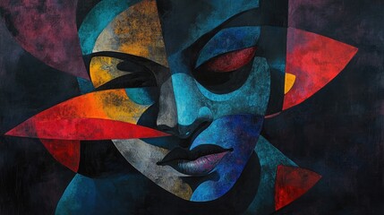 Abstract face painting with geometric shapes and vibrant colors