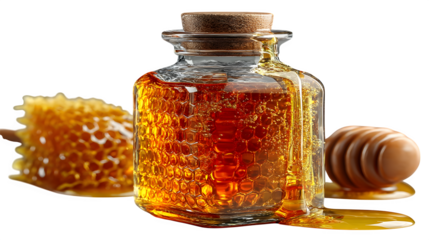 A transparent glass bottle filled with honeycomb and golden honey, perfect for natural branding, shown on white --ar 16:9 --v 7.0 --s 750