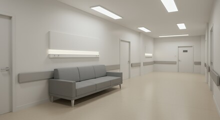 Fototapeta premium Minimalist Hospital Waiting Room With Calming Gray Sofa and Clean Design in Neutral Tones for Healthcare Visuals