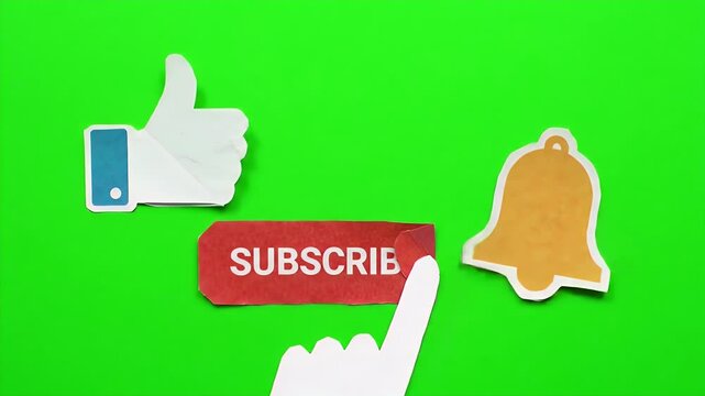 A stop-motion-inspired animation using paper cutout visuals on a chroma green screen background. Each YouTube interaction element (like, subscribe, bell) appears as layered paper illustrations