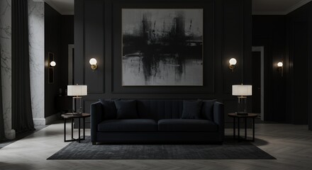 Luxurious Velvet Sofa in Dimly Lit Hotel Lobby with Monochromatic Interior Design