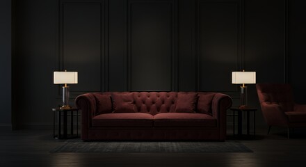 Dimly Lit Luxurious Velvet Sofa in Monochromatic Hotel Lobby Interior Design