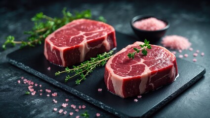 Marbled Beef Steak with Herbs Against a Black Backdrop