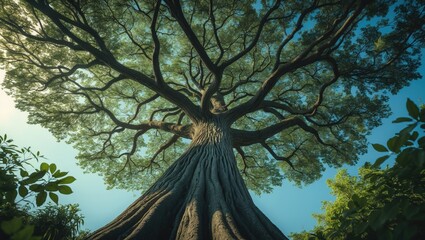 An upward-looking shot of a tall tree on a bright day. The sturdy, spiraling branches rise high, forming a large canopy of deep green leaves.