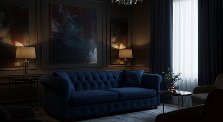 Luxurious Blue Velvet Sofa in Dimly Lit Hotel Lobby with Rich Jewel Tones and Moody Lighting